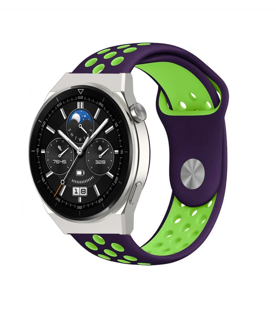 Silicone Sport Strap, purple/green, on a watch, 3/4 front view
