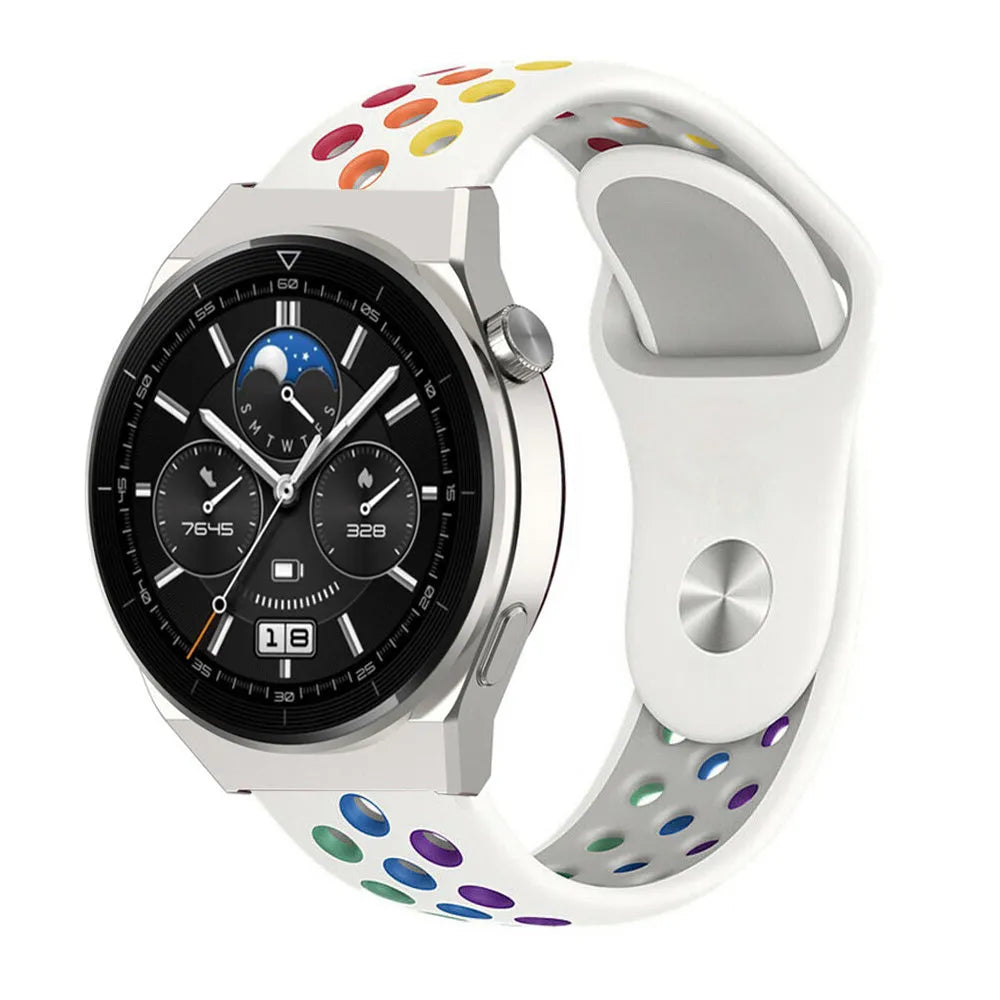 Silicone Sport Strap, white/colourful, on a watch, 3/4 front view