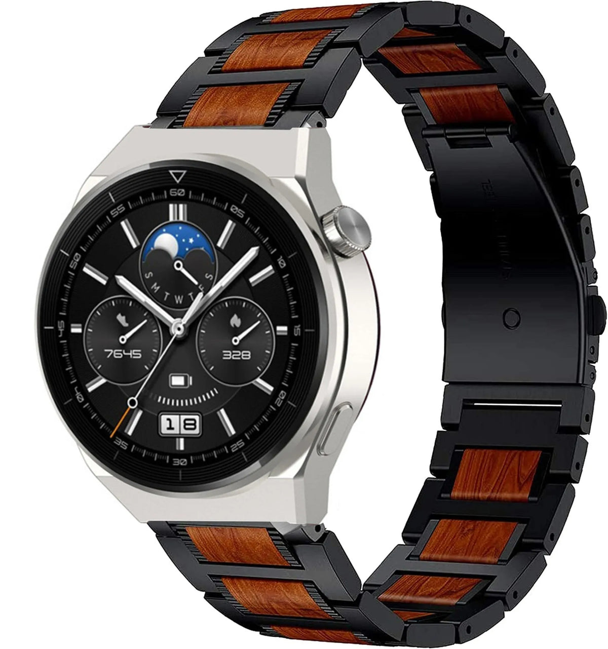Wood Steel Strap, black, on a watch, 3/4 front view