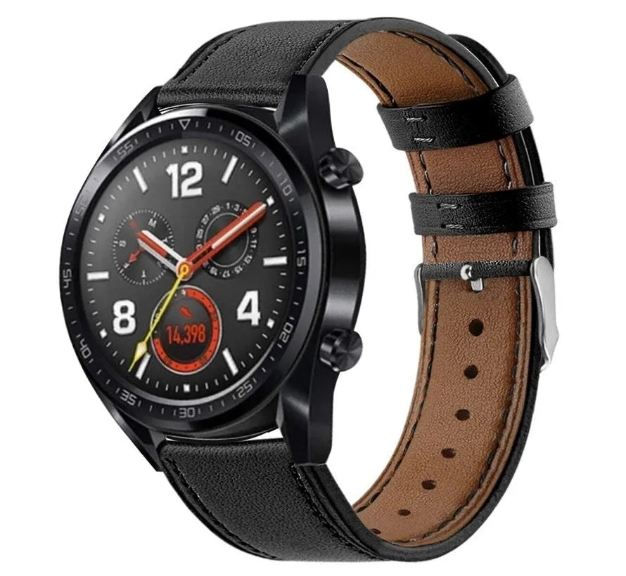 Modern Leather Strap, black, on a watch, 3/4 front view