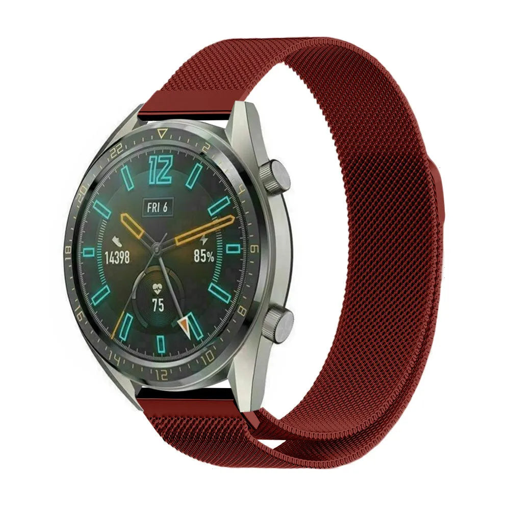 Milanese Strap, red, on a watch, 3/4 front view