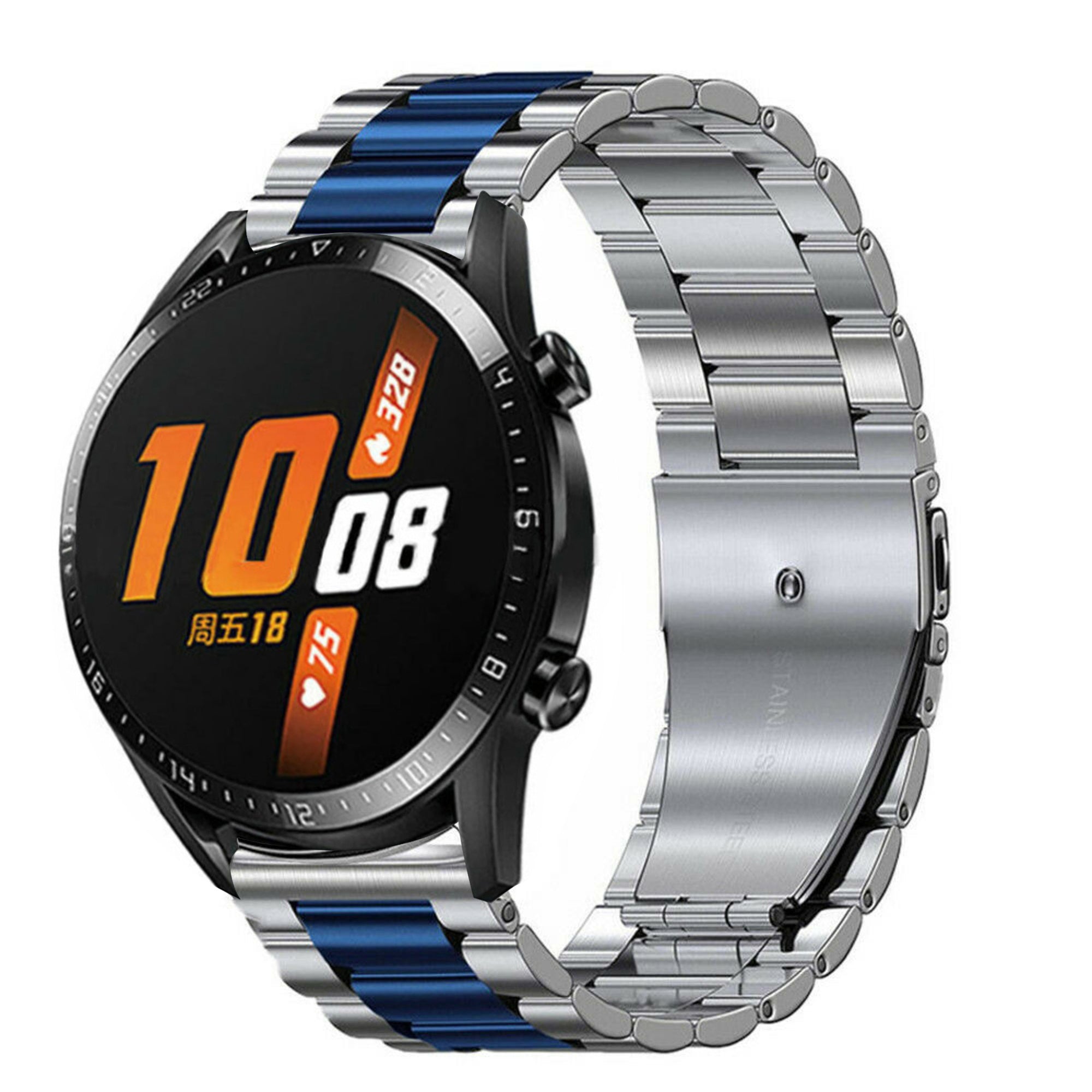 Steel Strap, silver/blue, on a watch, 3/4 front view