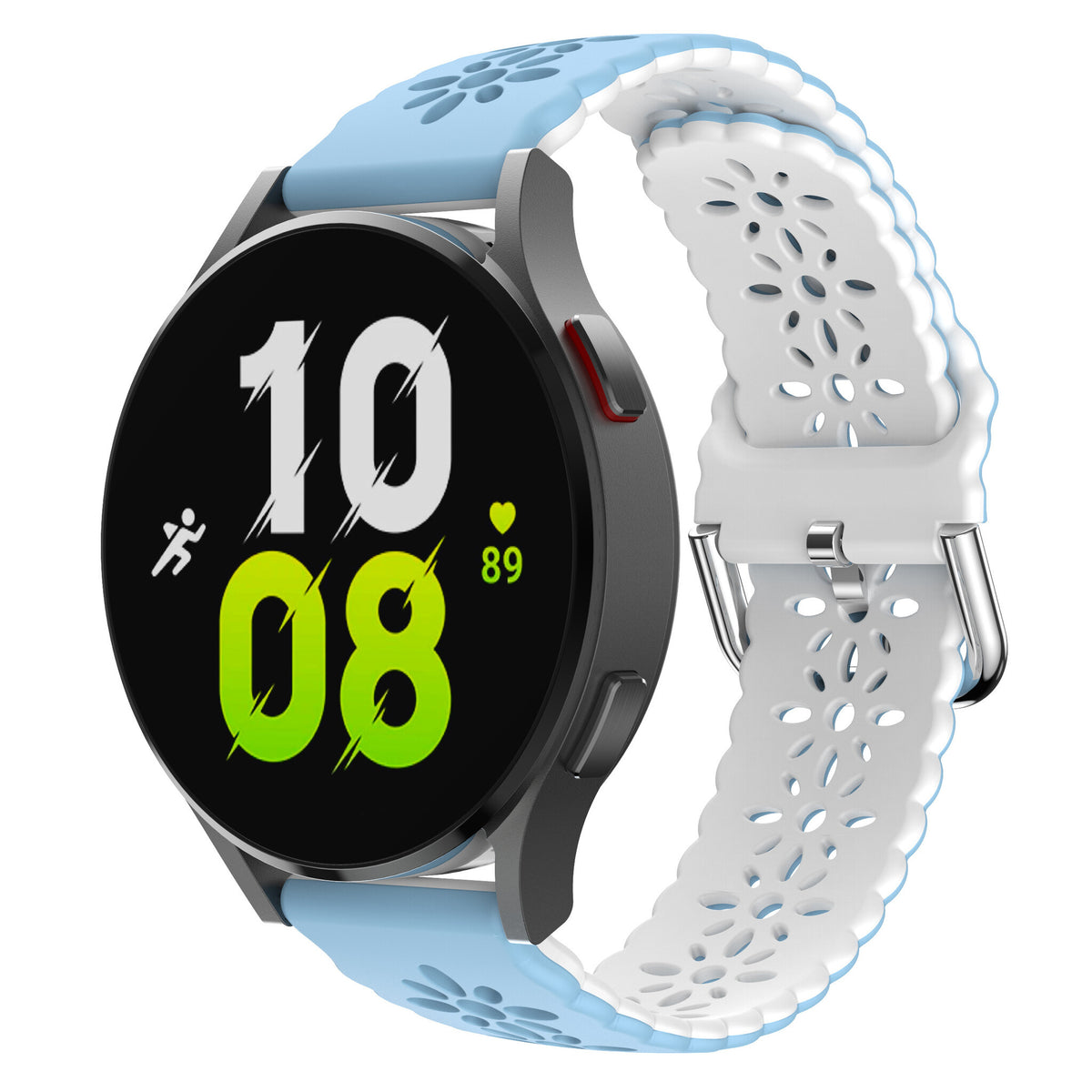 Patterned Silicone Strap, light blue/white, on a watch, 3/4 front view