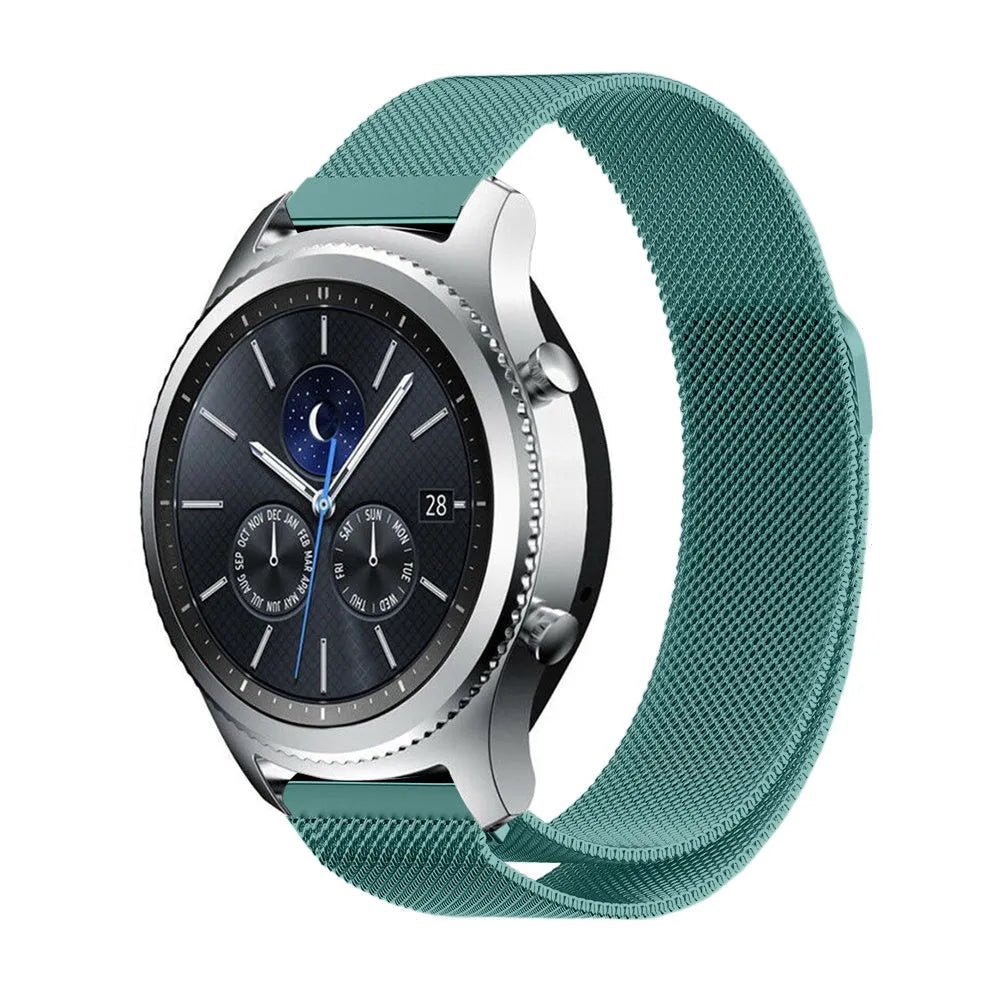Milanese Strap, green, on a watch, 3/4 front view