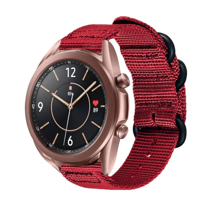 Nylon Buckle Strap, red, on a watch, 3/4 front view
