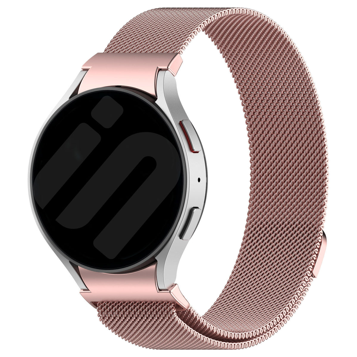 Milanese Strap 'One Push', pink, on a watch, 3/4 front view