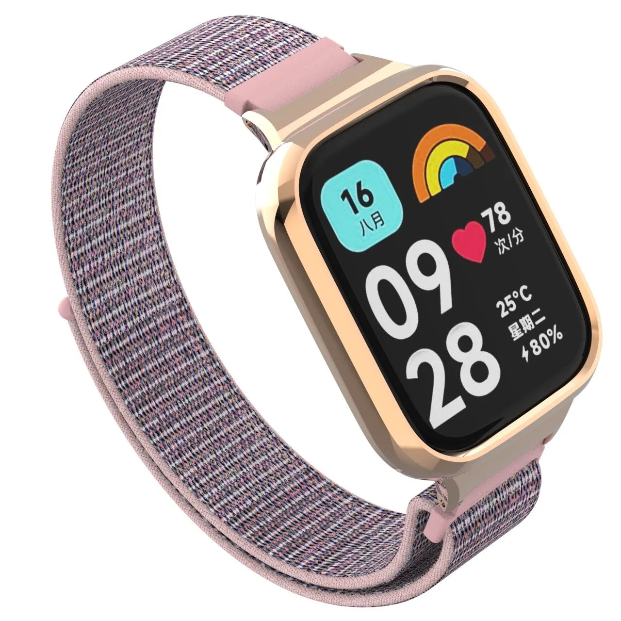 Nylon Strap, pink, on a watch, 3/4 front view