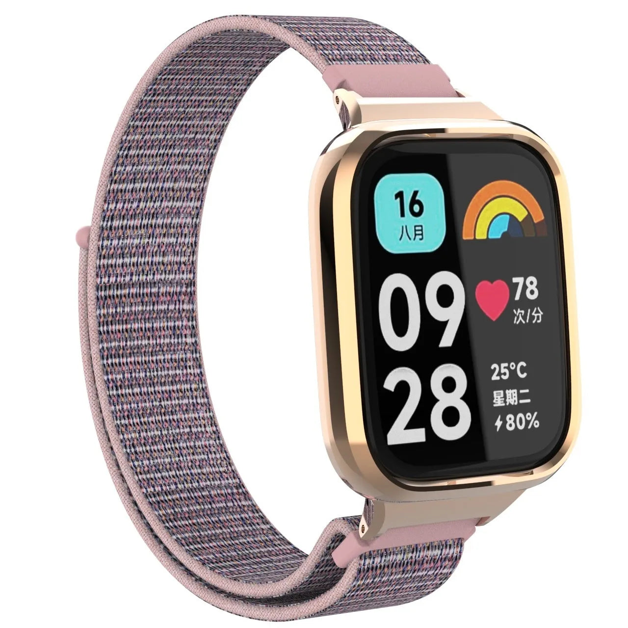 Nylon Strap, pink, on a watch, 3/4 front view