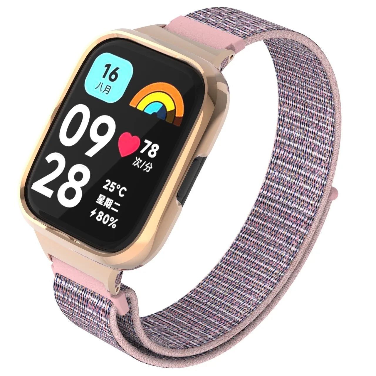 Nylon Strap, pink, on a watch, 3/4 front view