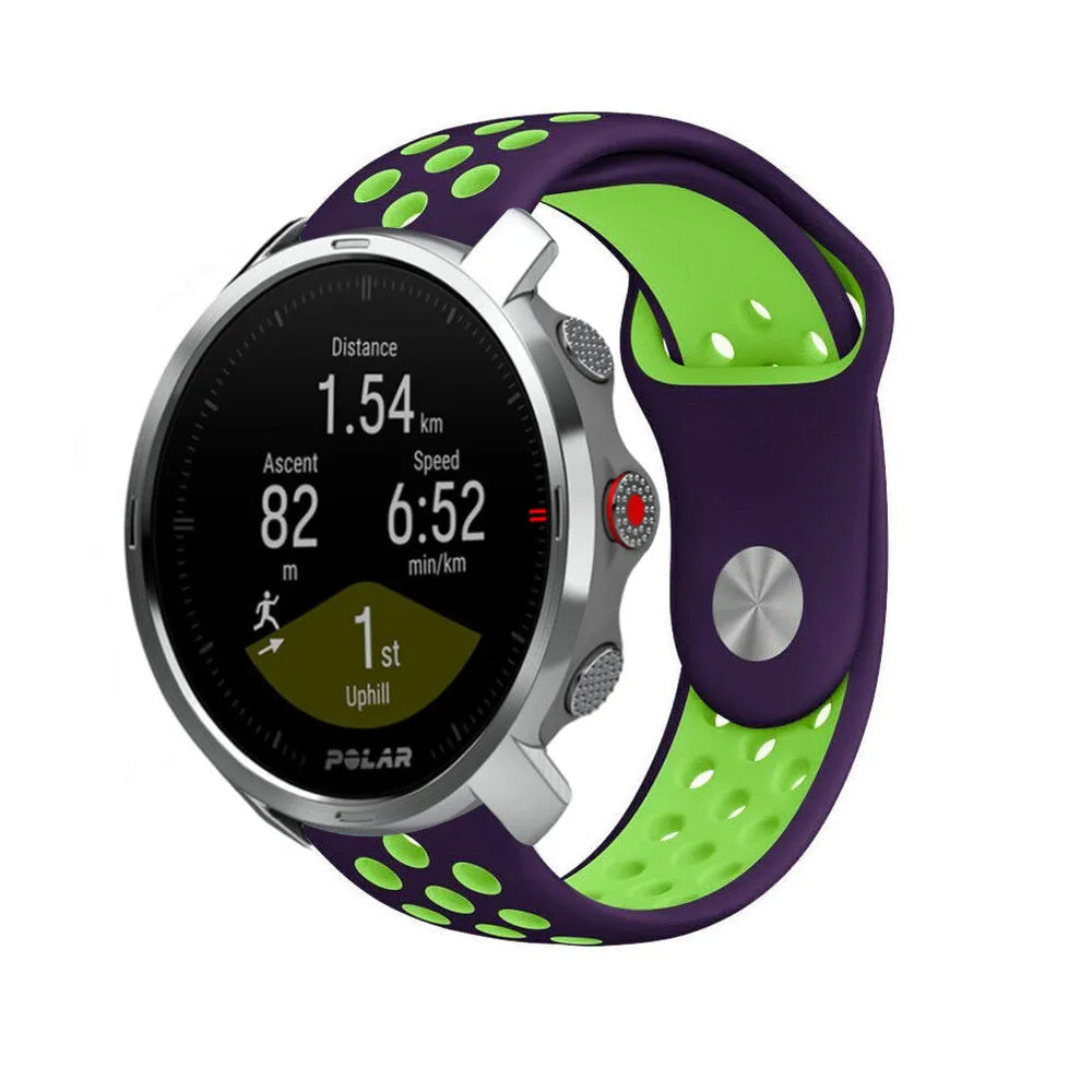 Silicone Sport Strap, purple/green, on a watch, 3/4 front view
