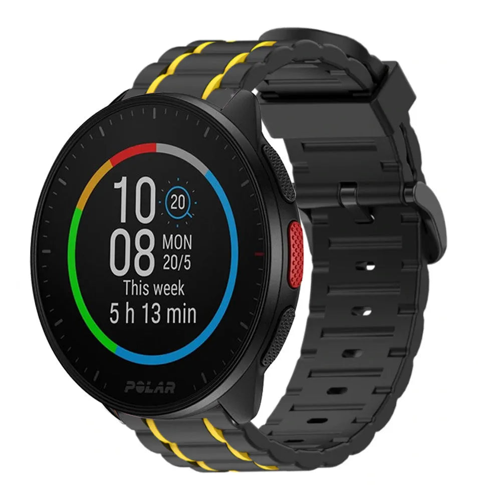 Silicone Strap 'Tough', black/yellow, on a watch, 3/4 front view