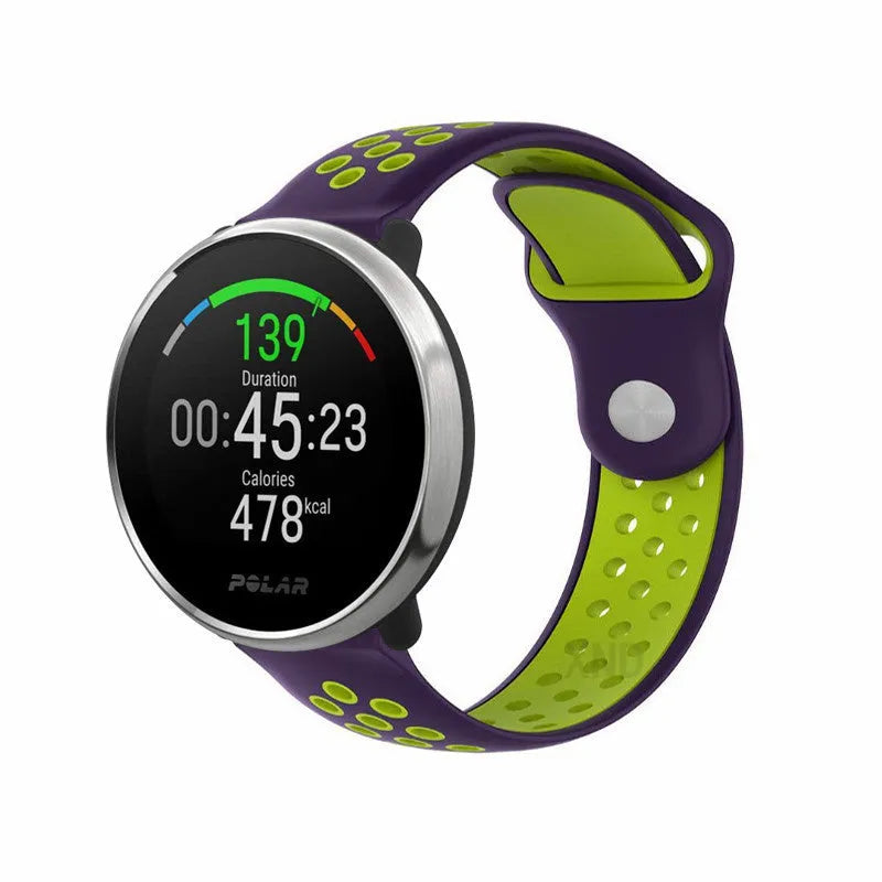 Silicone Sport Strap, purple/green, on a watch, 3/4 front view