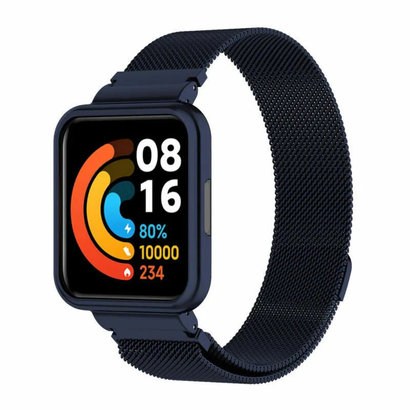 Milanese Strap, blue, on a watch, 3/4 front view