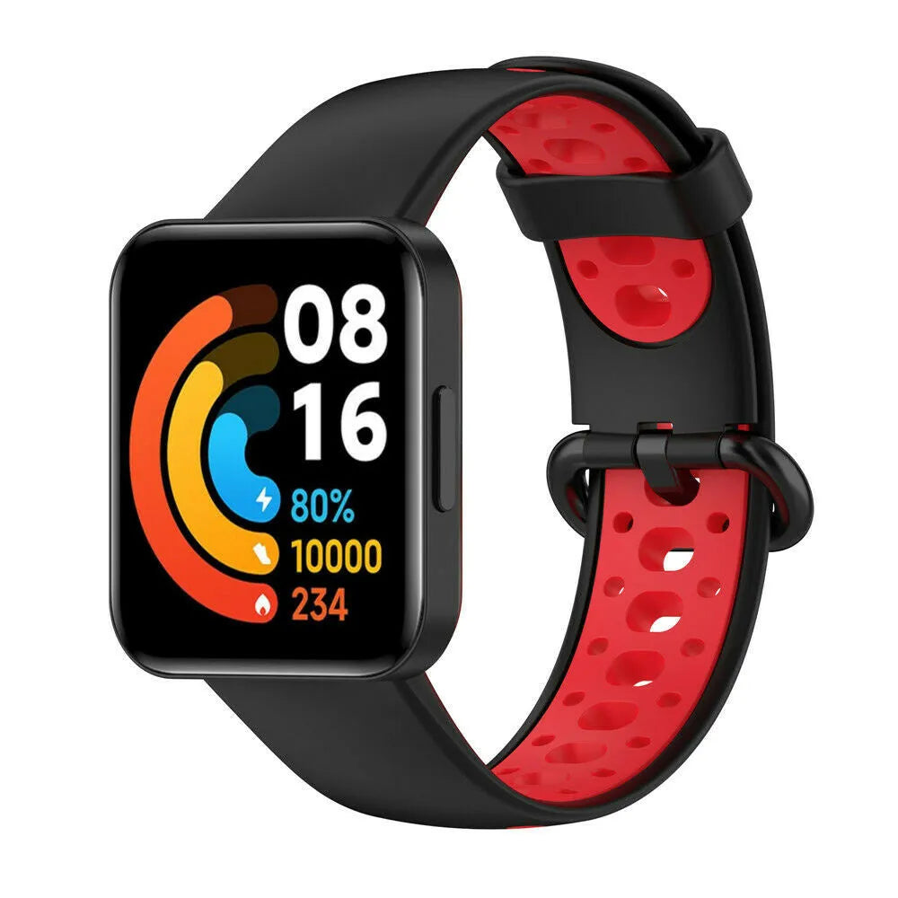 Silicone Sport Strap, black/red, on a watch, 3/4 front view
