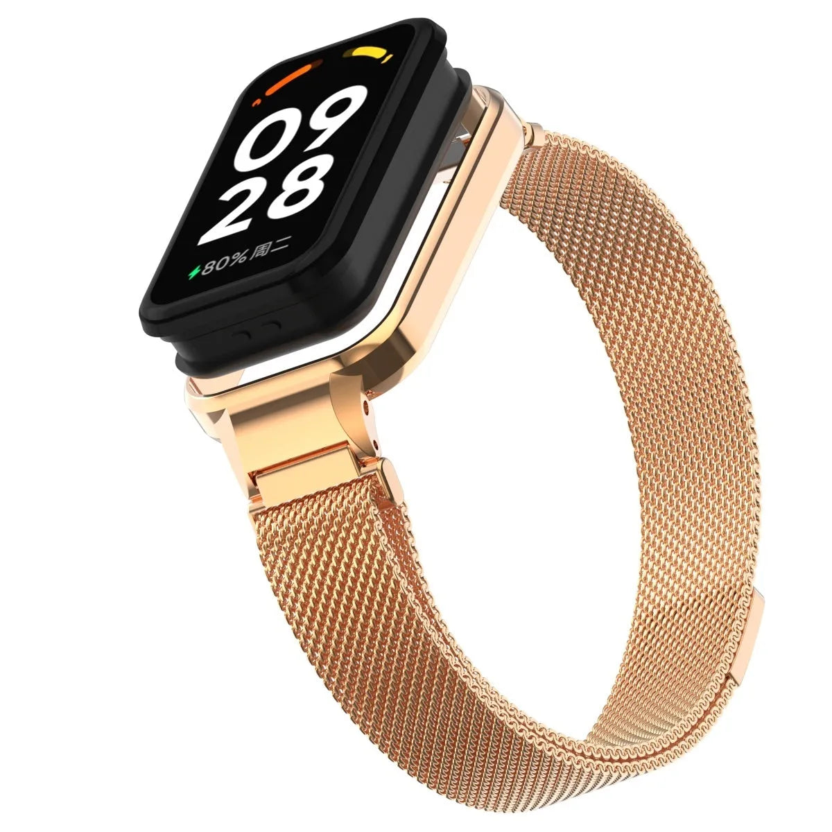 Milanese Strap, rose gold, on a watch, 3/4 front view