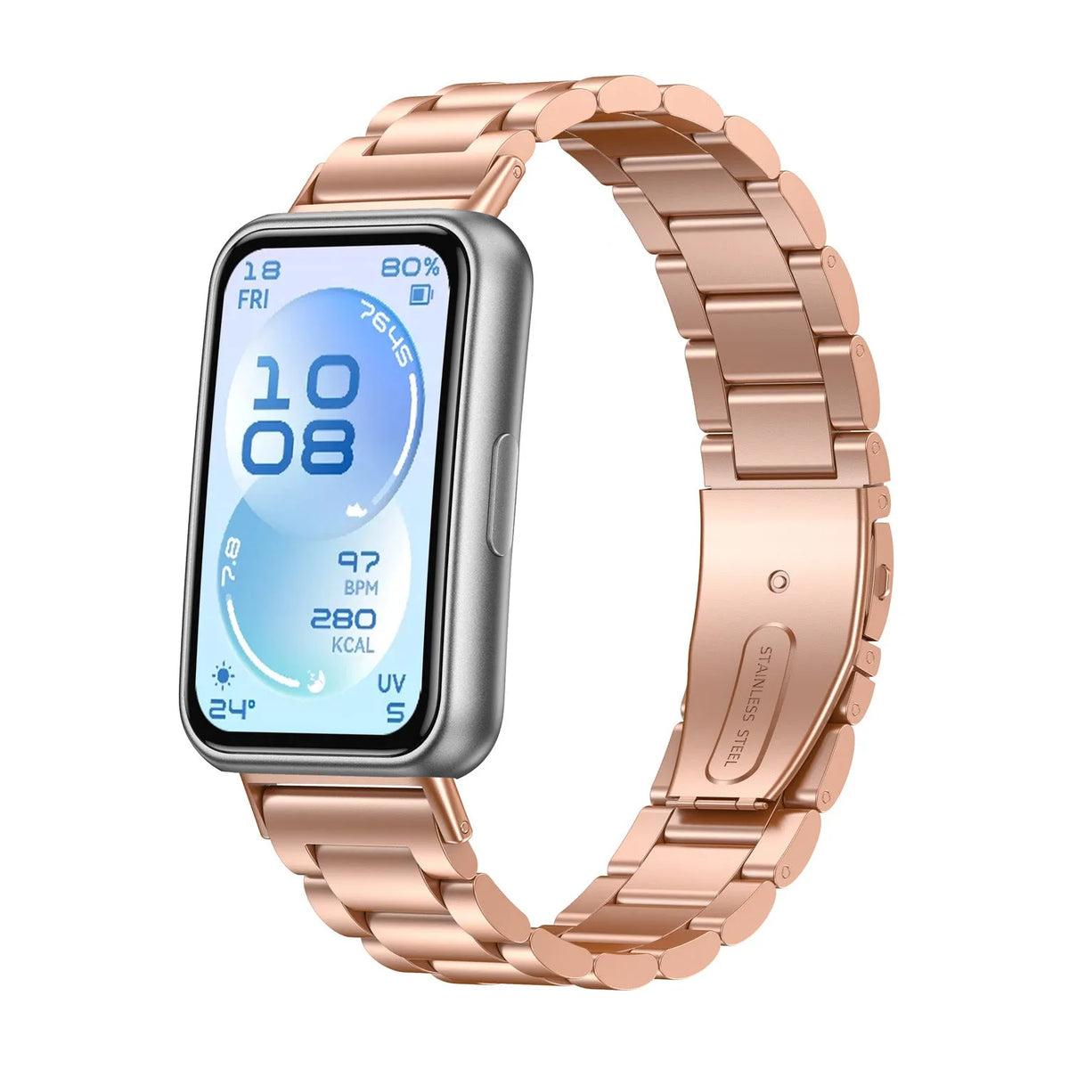 Steel Strap, rose gold, on a watch, 3/4 front view