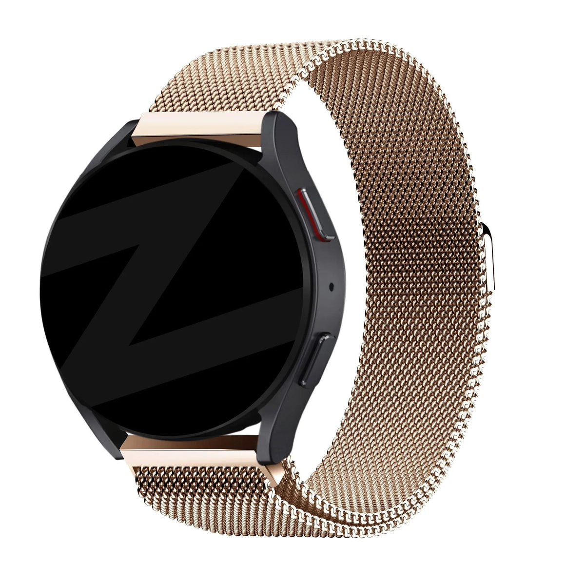 Milanese Loop Strap, rose gold, on a watch, 3/4 front view