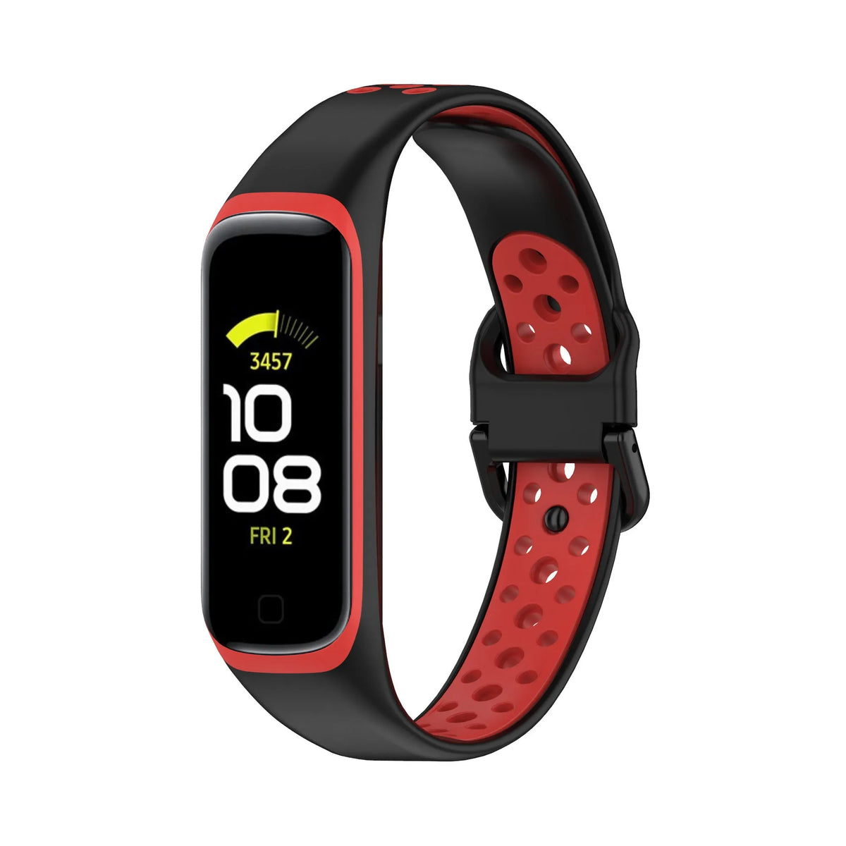 Silicone Sport Strap, black/red, on a watch, 3/4 front view