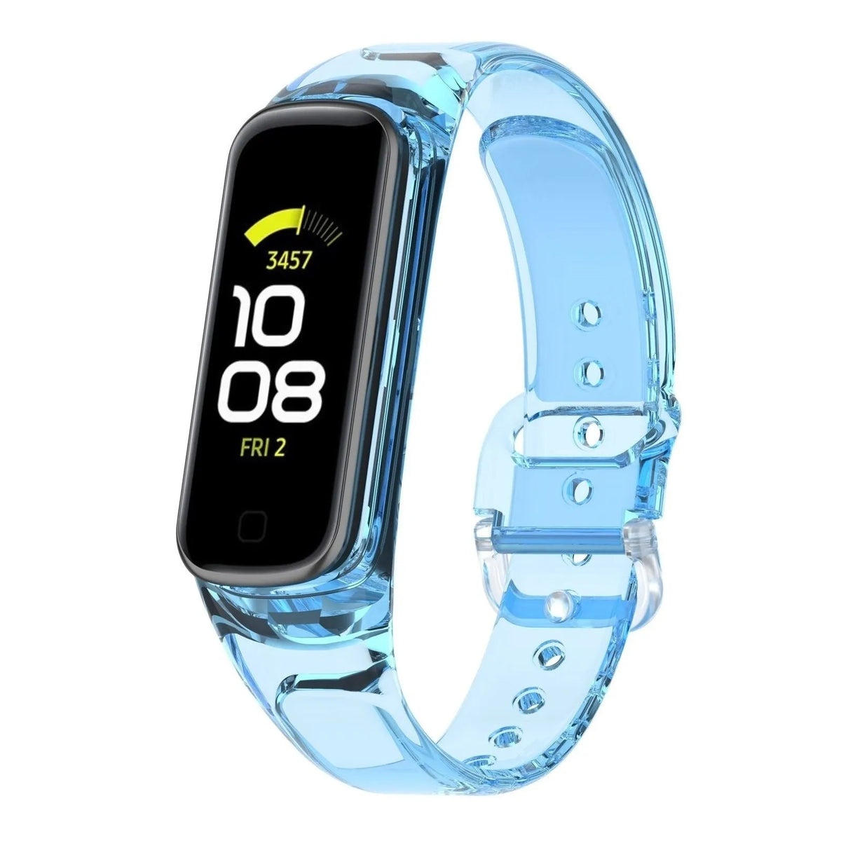 Silicone Colour Changing Crystal, transparent blue, on a watch, 3/4 front view