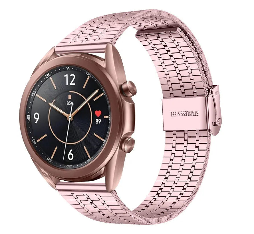 Fine Steel Strap, pink, on a watch, 3/4 front view
