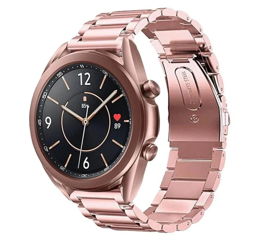 Steel Strap, pink, on a watch, 3/4 front view