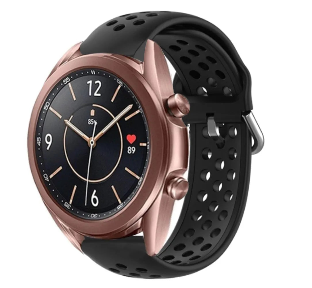 Breathable Silicone Strap, black, on a watch, 3/4 front view