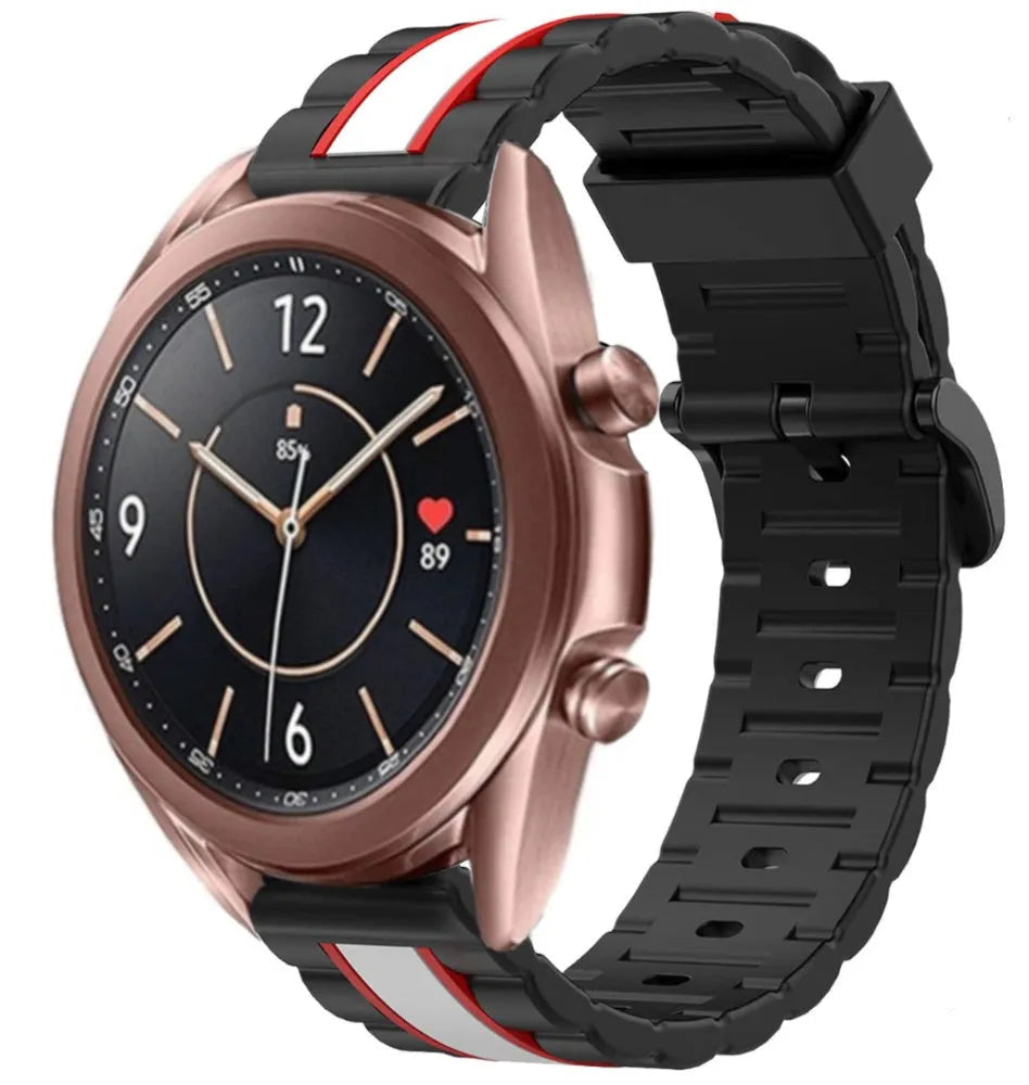 Silicone Special Edition Strap, black/white, on a watch, 3/4 front view