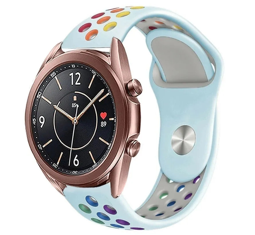 Silicone Sport Strap, light blue/colourful, on a watch, 3/4 front view