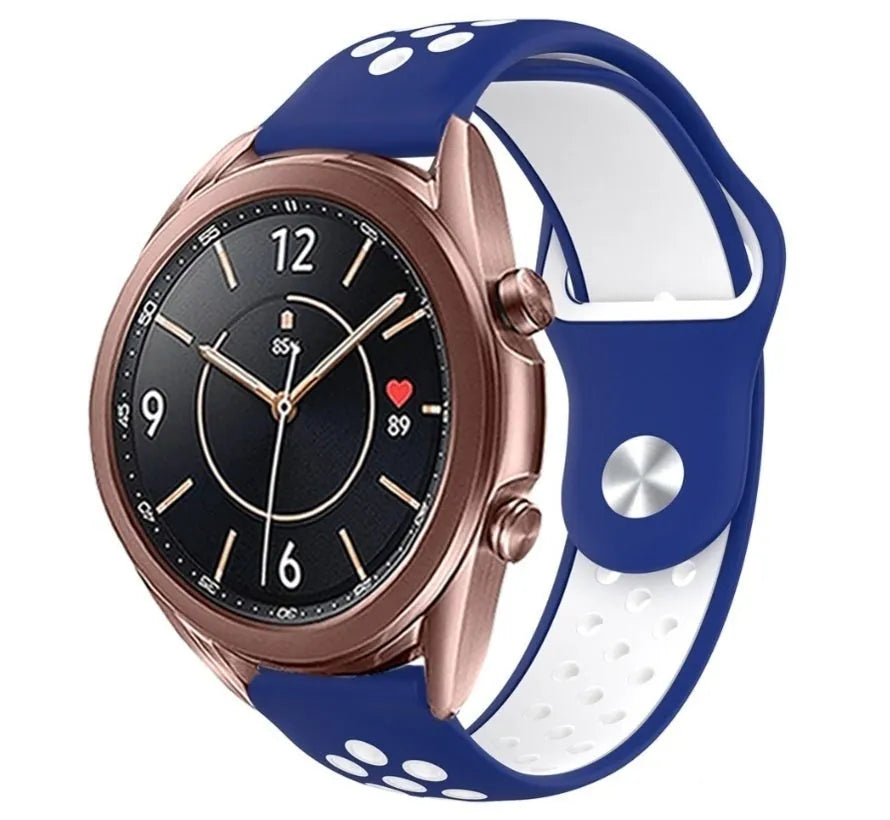 Silicone Sport Strap, blue/white, on a watch, 3/4 front view