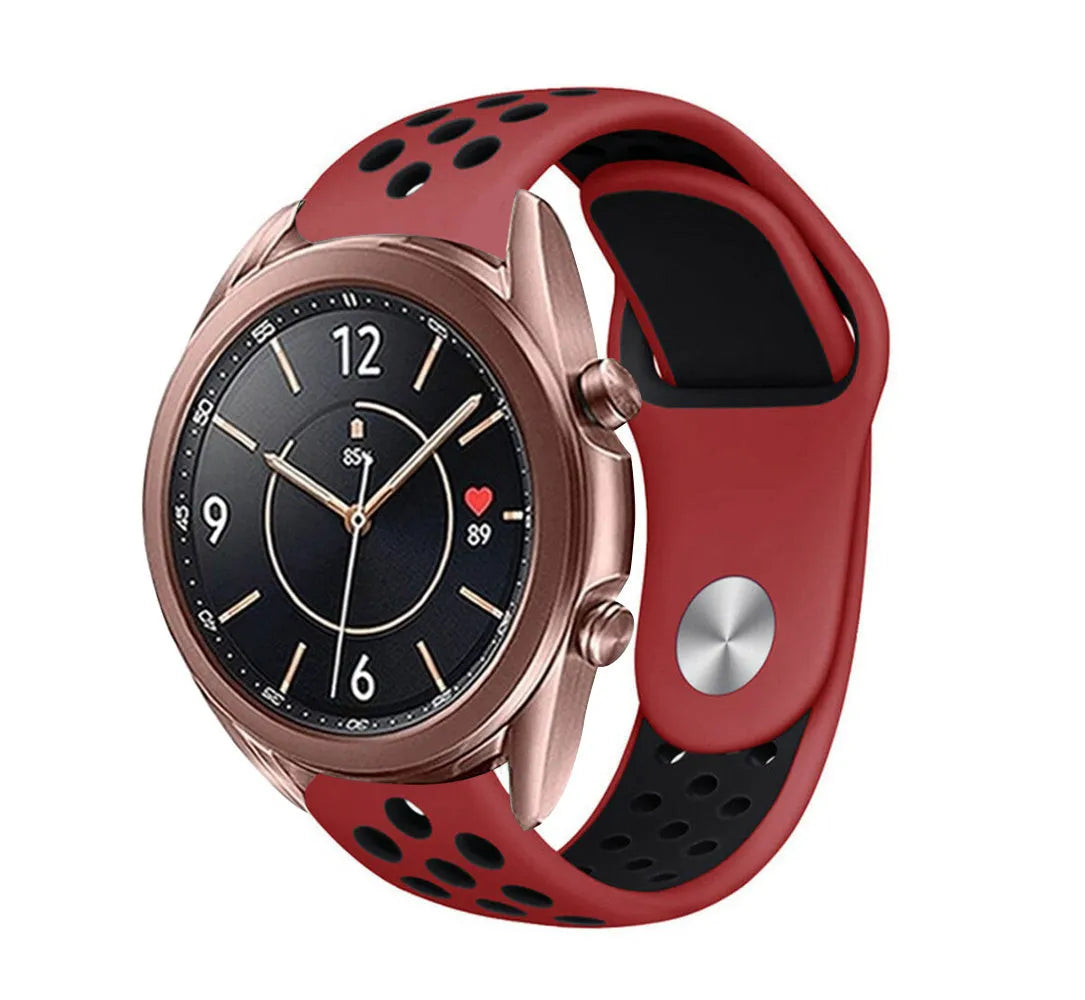 Silicone Sport Strap, red/black, on a watch, 3/4 front view