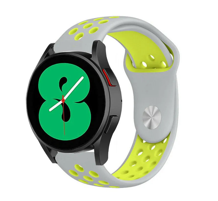Silicone Sport Strap, grey/yellow, on a watch, 3/4 front view