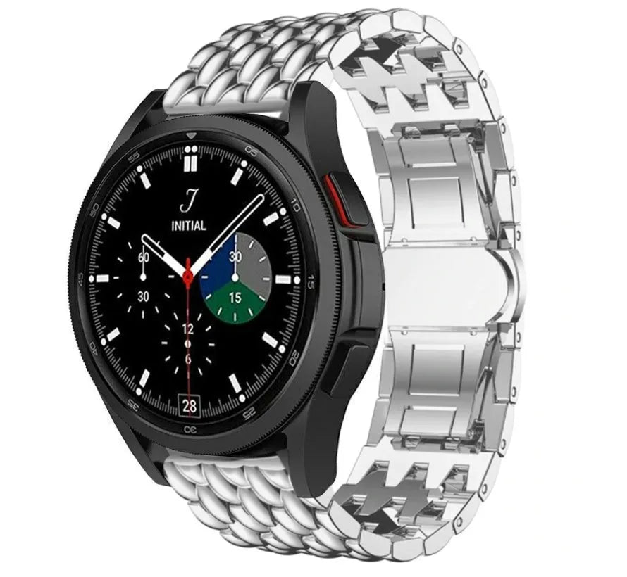 Steel Dragon Strap, silver, on a watch, 3/4 front view
