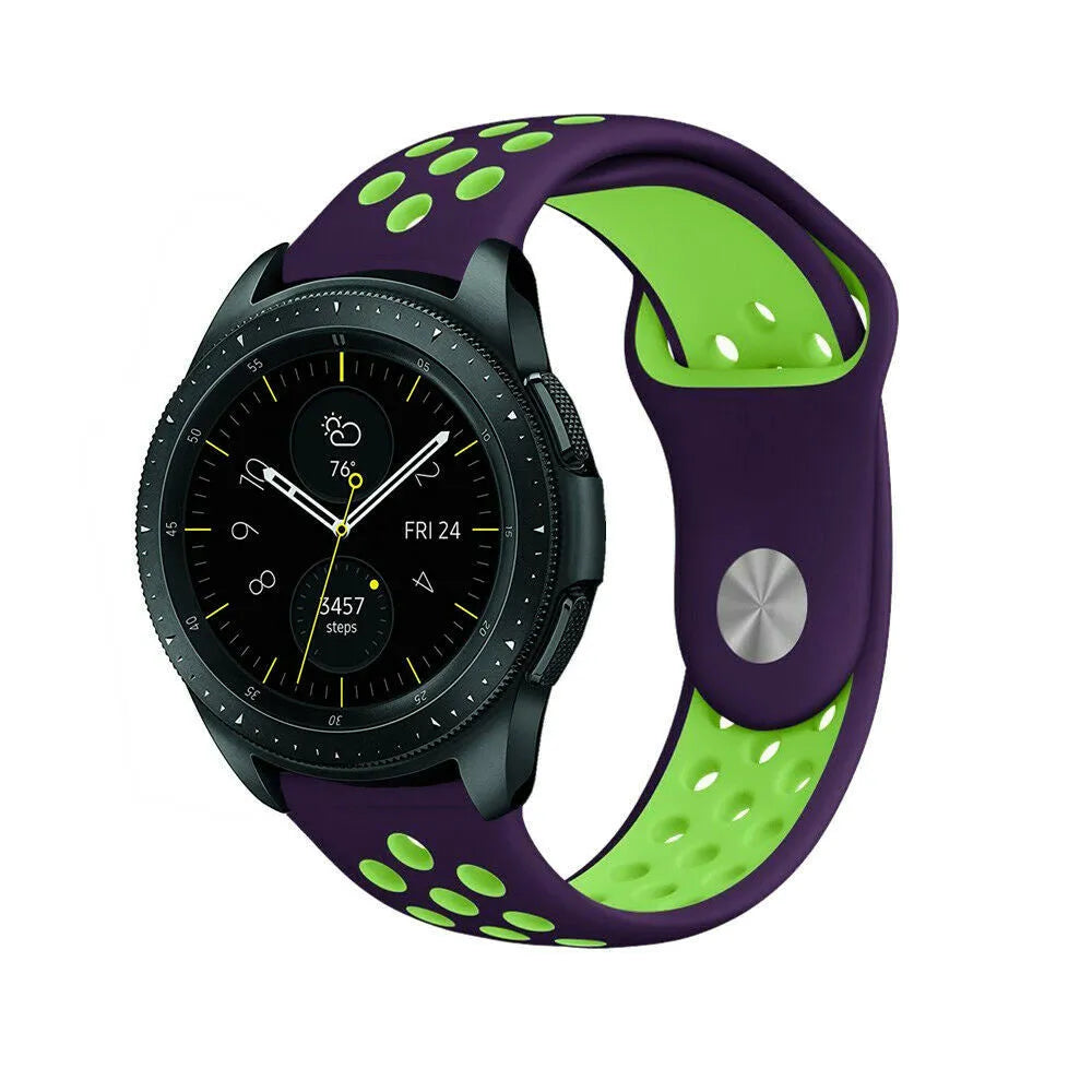Silicone Sport Strap, purple/green, on a watch, 3/4 front view