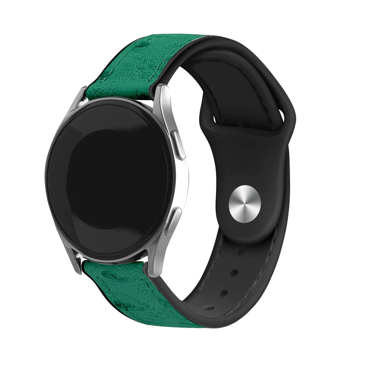 Leather Hybrid Strap, green, on a watch, 3/4 front view