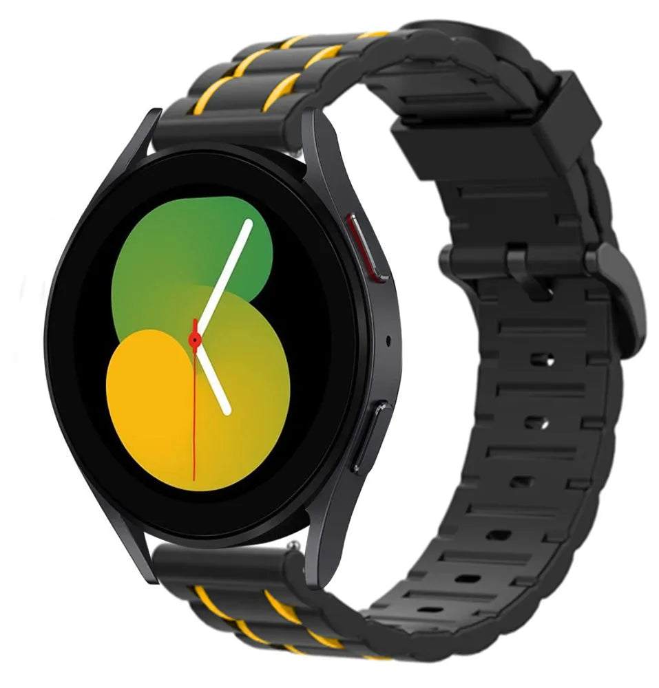 Silicone Strap 'Tough', black/yellow, on a watch, 3/4 front view