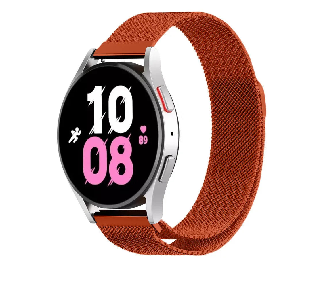 Milanese Strap, orange, on a watch, 3/4 front view