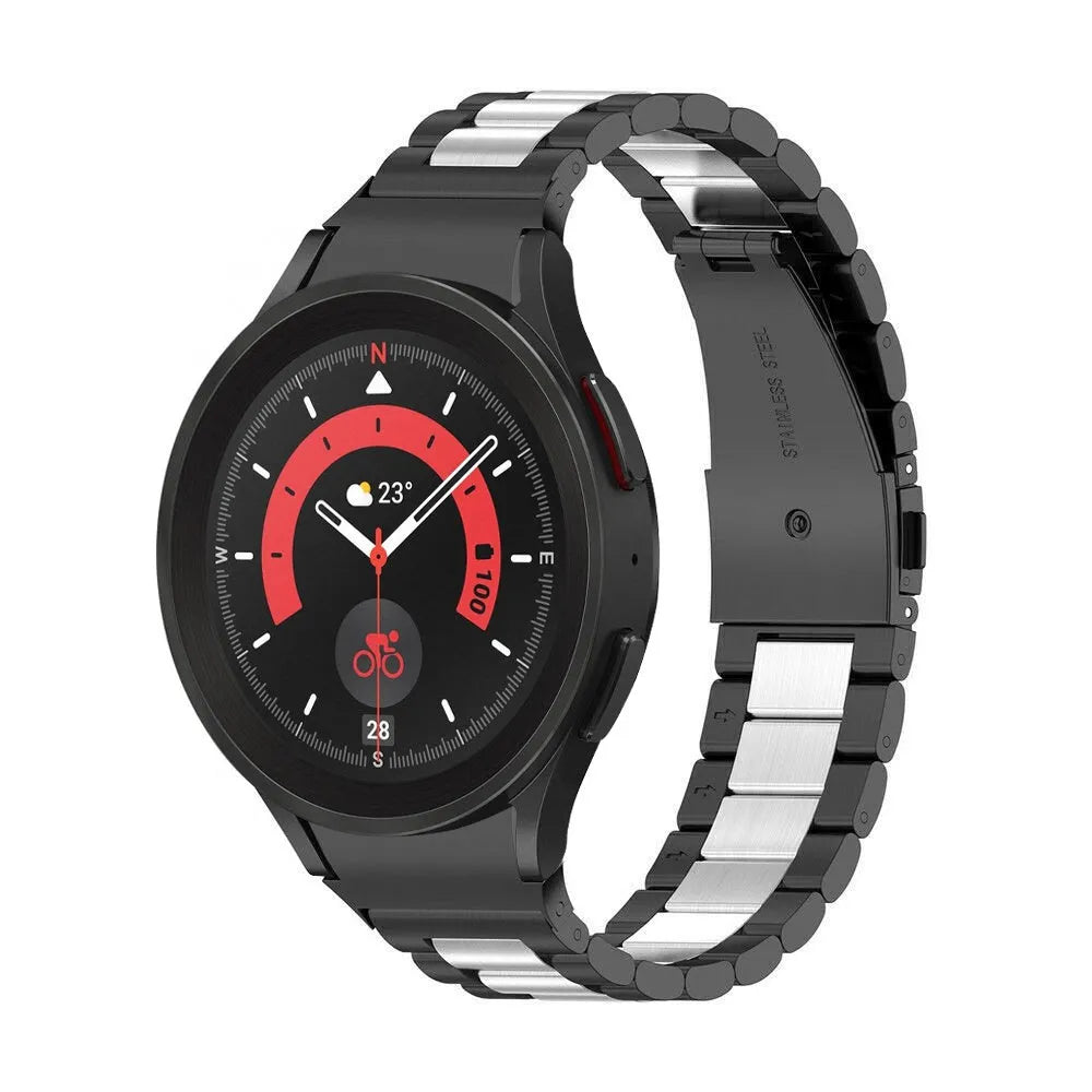 Steel Strap, black/silver, on a watch, 3/4 front view