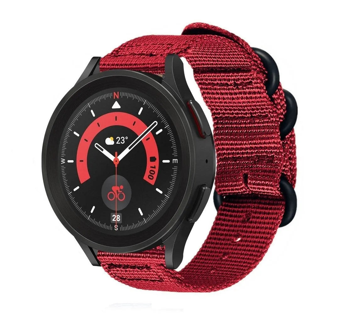 Nylon Buckle Strap, red, on a watch, 3/4 front view