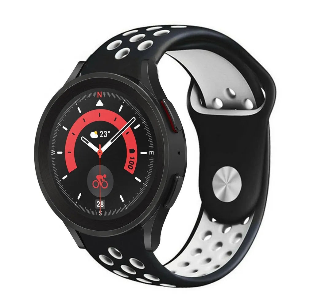 Silicone Sport Strap, black/white, on a watch, 3/4 front view