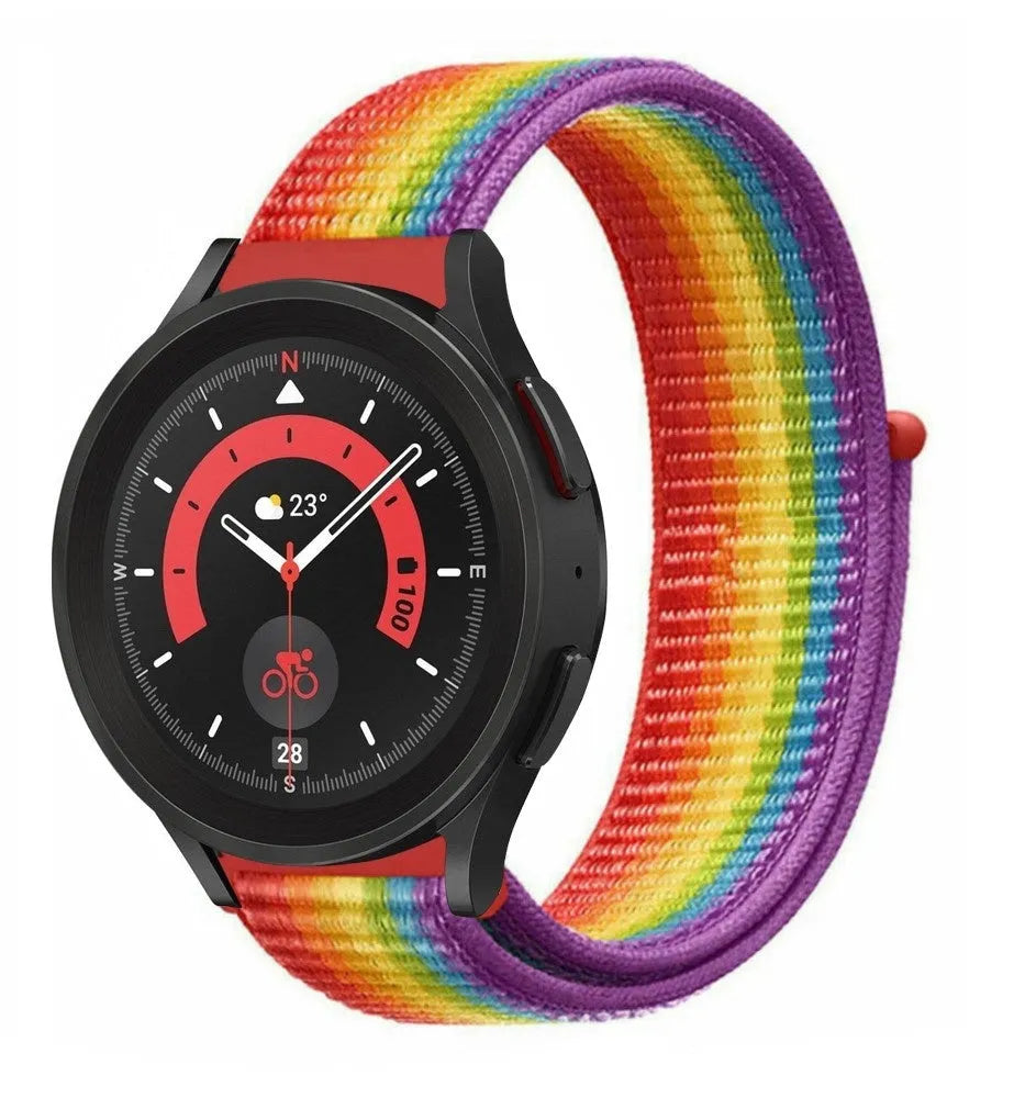 Nylon Strap, rainbow, on a watch, 3/4 front view