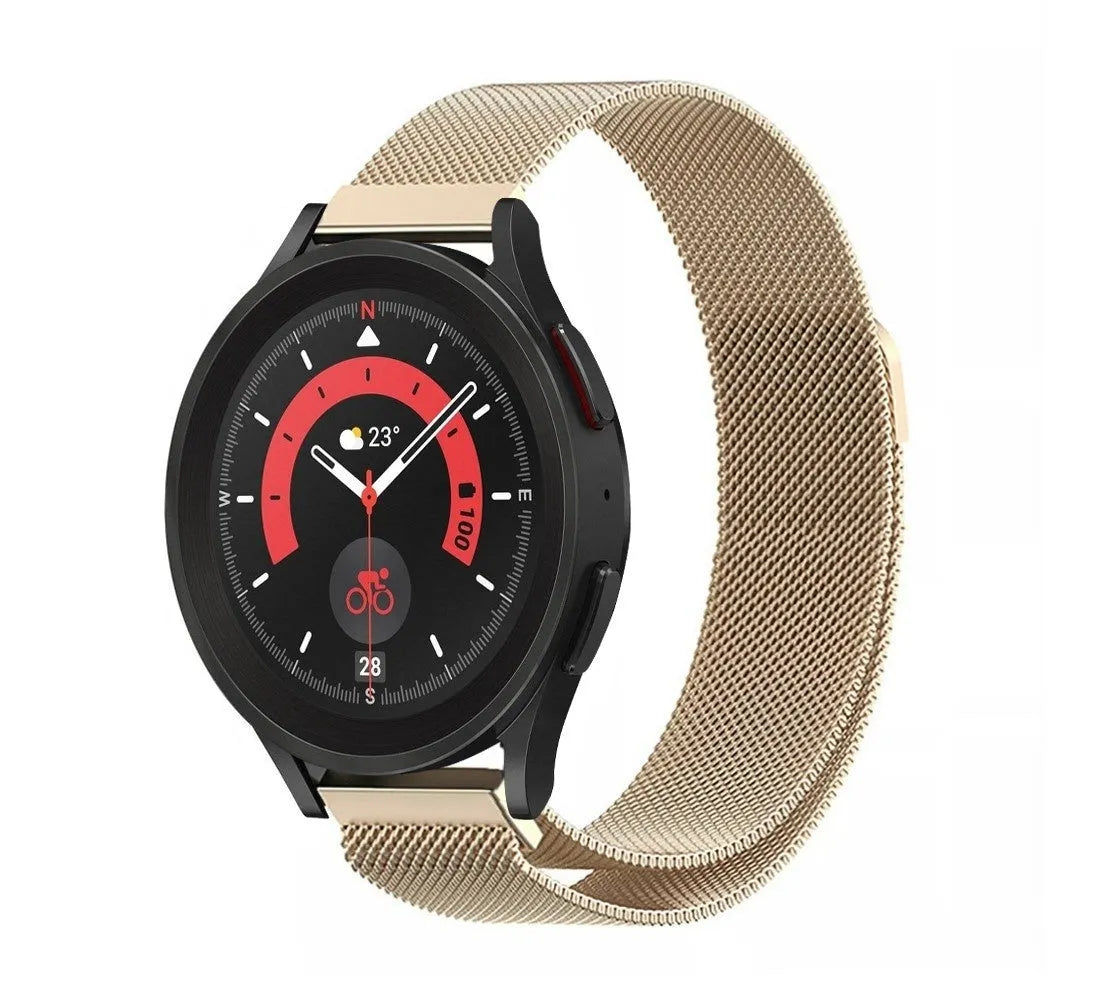 Milanese Strap, champagne, on a watch, 3/4 front view
