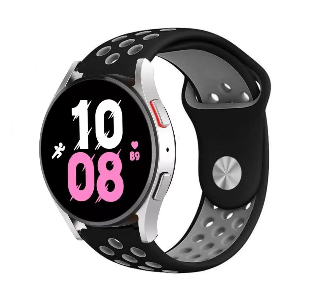 Silicone Sport Strap, black/grey, on a watch, 3/4 front view