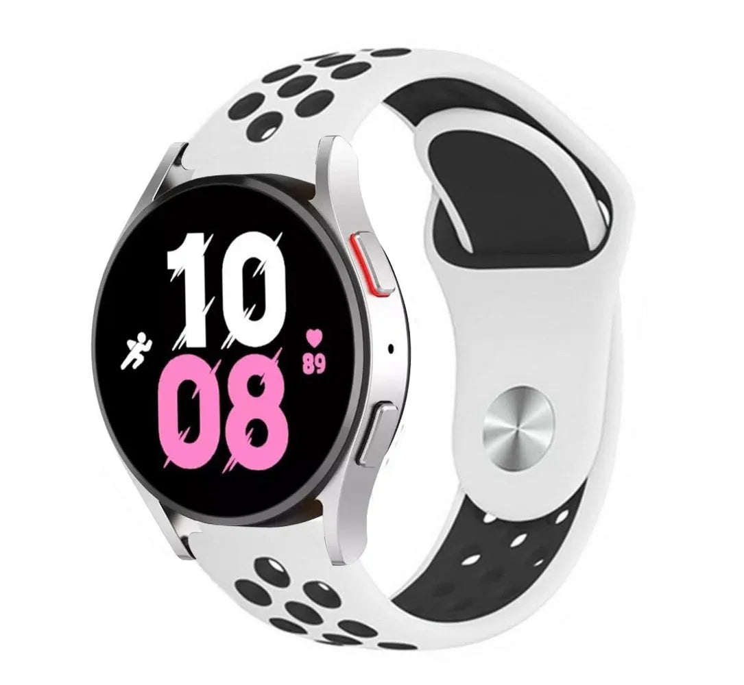 Silicone Sport Strap, white/black, on a watch, 3/4 front view