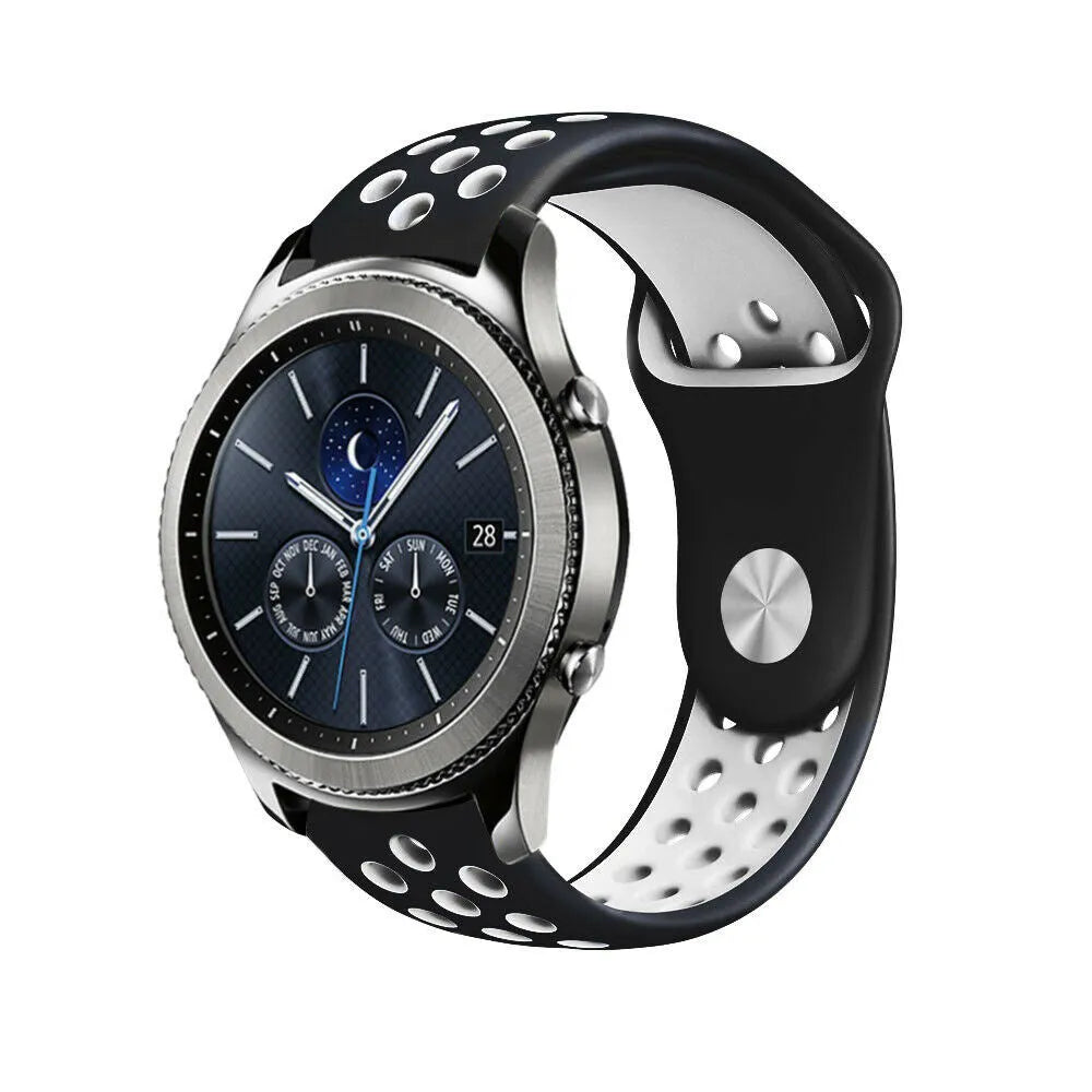 Silicone Sport Strap, black/white, on a watch, 3/4 front view