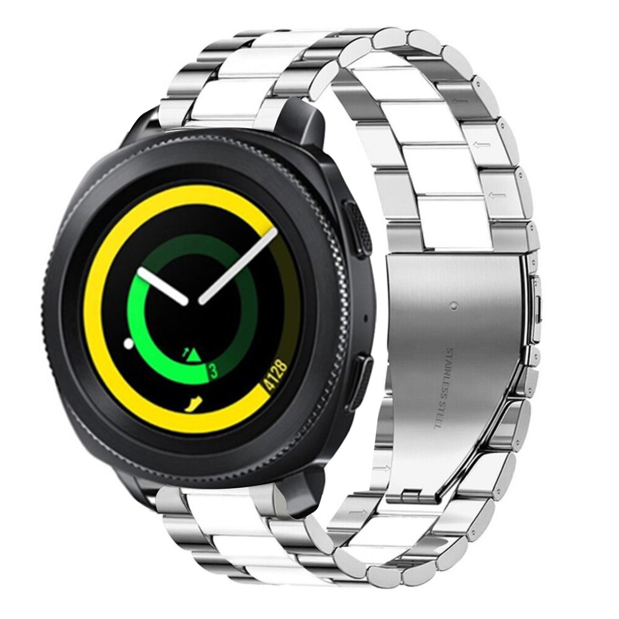 Steel Strap, silver/white, on a watch, 3/4 front view