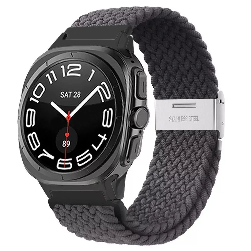 Braided Nylon Strap, dark grey, on a watch, 3/4 front view