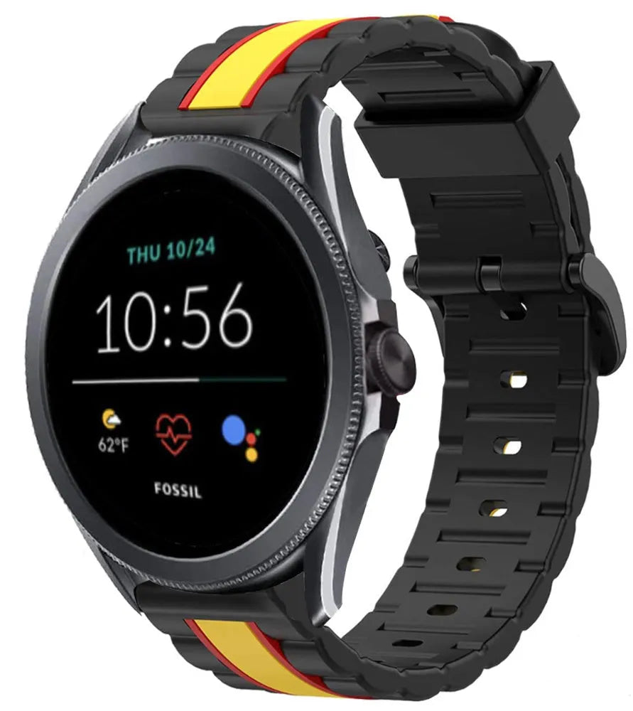 Silicone Special Edition Strap, black/yellow, on a watch, 3/4 front view
