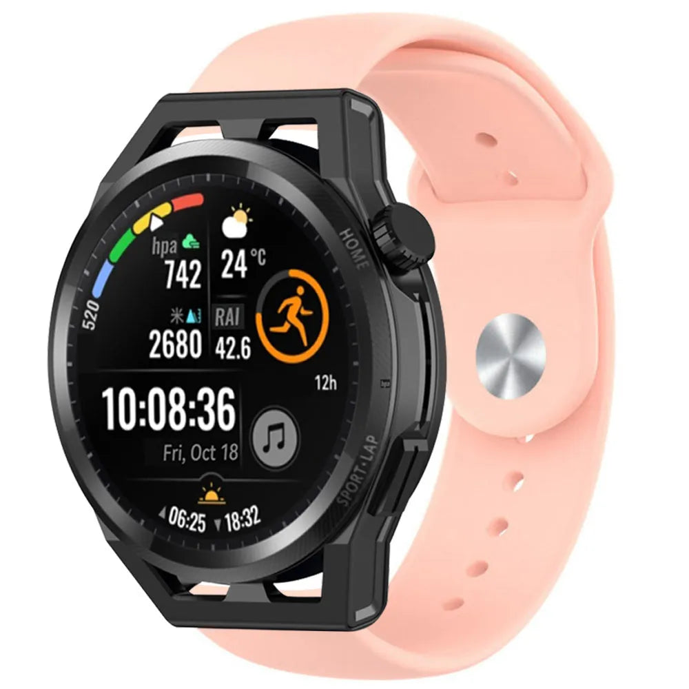 Silicone Sport Strap, pink, on a watch, 3/4 front view