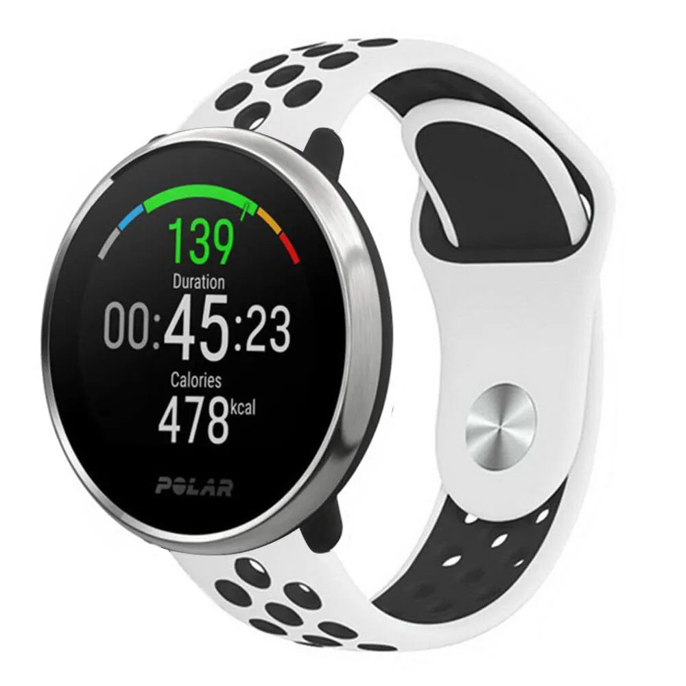 Silicone Sport Strap, white/black, on a watch, 3/4 front view