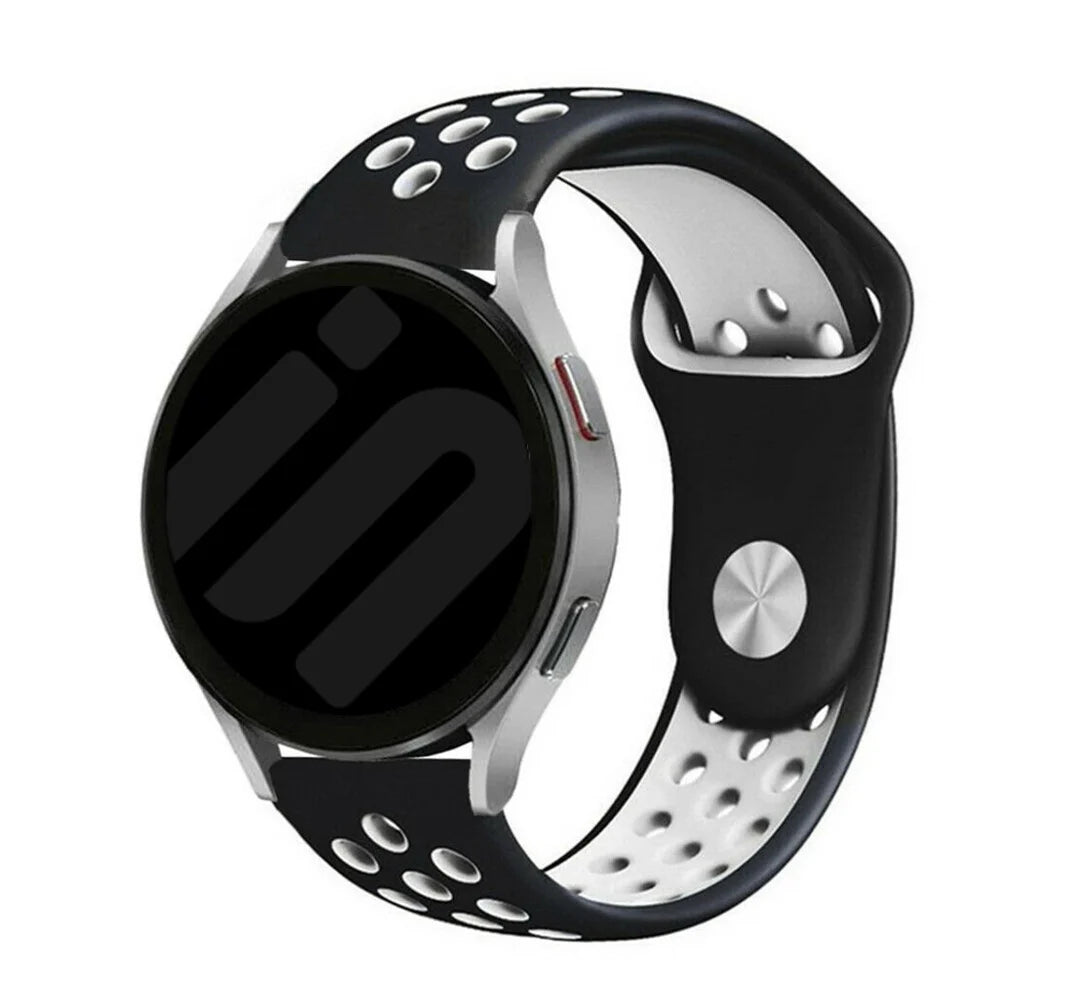 Silicone Sport Strap, black/white, on a watch, 3/4 front view